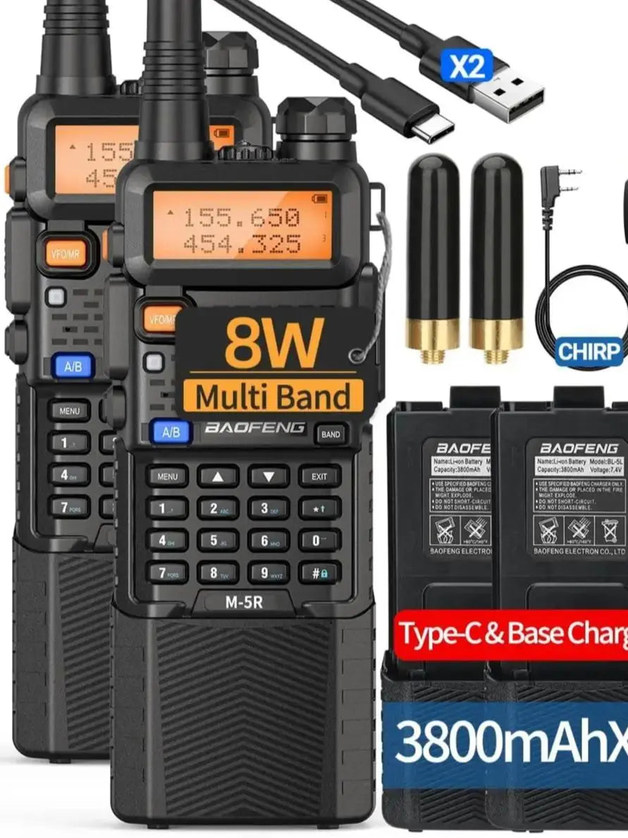 Baofeng M-5R 8W Walkie Talkies Dual Pack 3800mAh Battery Pro