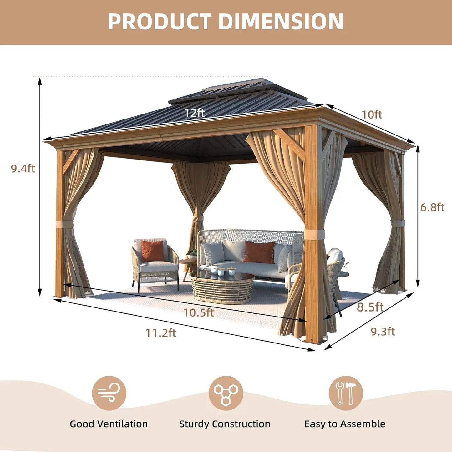 10x12 Hardtop Gazebo With WoodLook Aluminum Frame Steel Roof