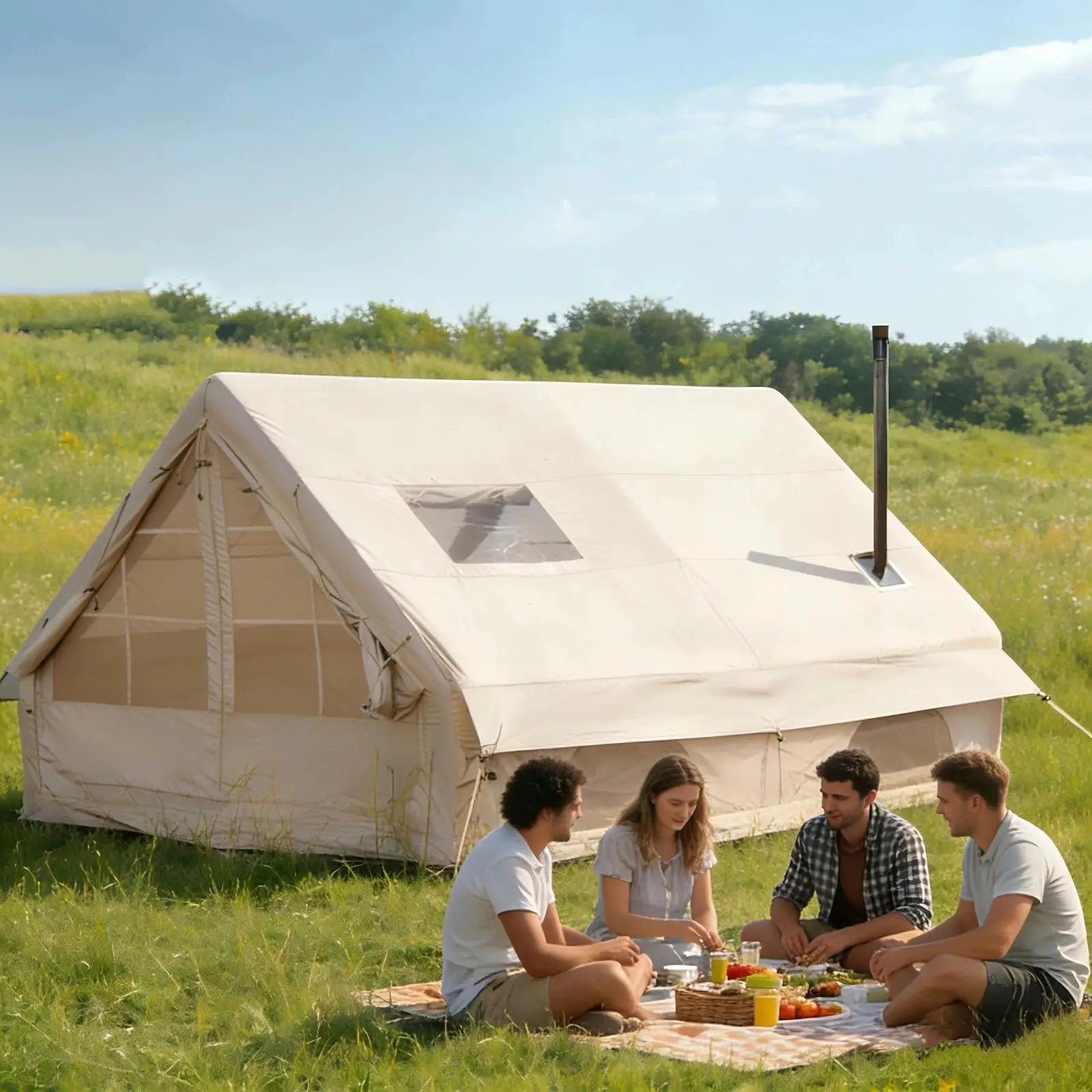 PAKICETUS Large Inflatable Camping Tent with Roof Window & Stove Space, 4-6 Person Quick Setup Air Tent, Oxford Fabric All Season Waterproof Family Outdoor Hot Tent for Camping Backpacking Hiking by Beastly Survival Outlet