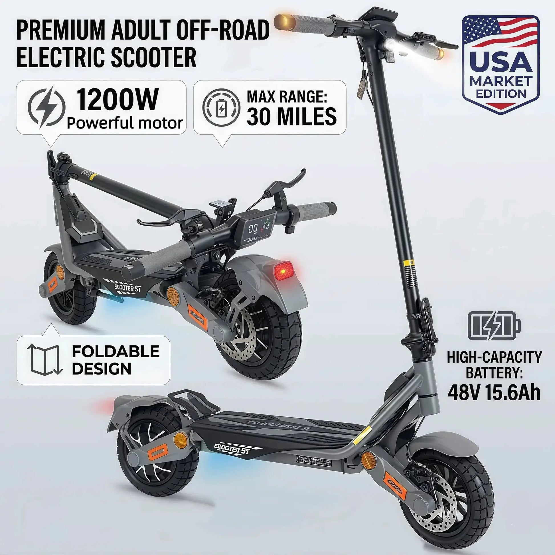Electric Scooter for Adults 1200W Motor, 48V Lithium Battery, 35MPH Max Speed, 10" Off Road Tires, Disc Brakes, Foldable E Scooter by Beastly Survival Outlet