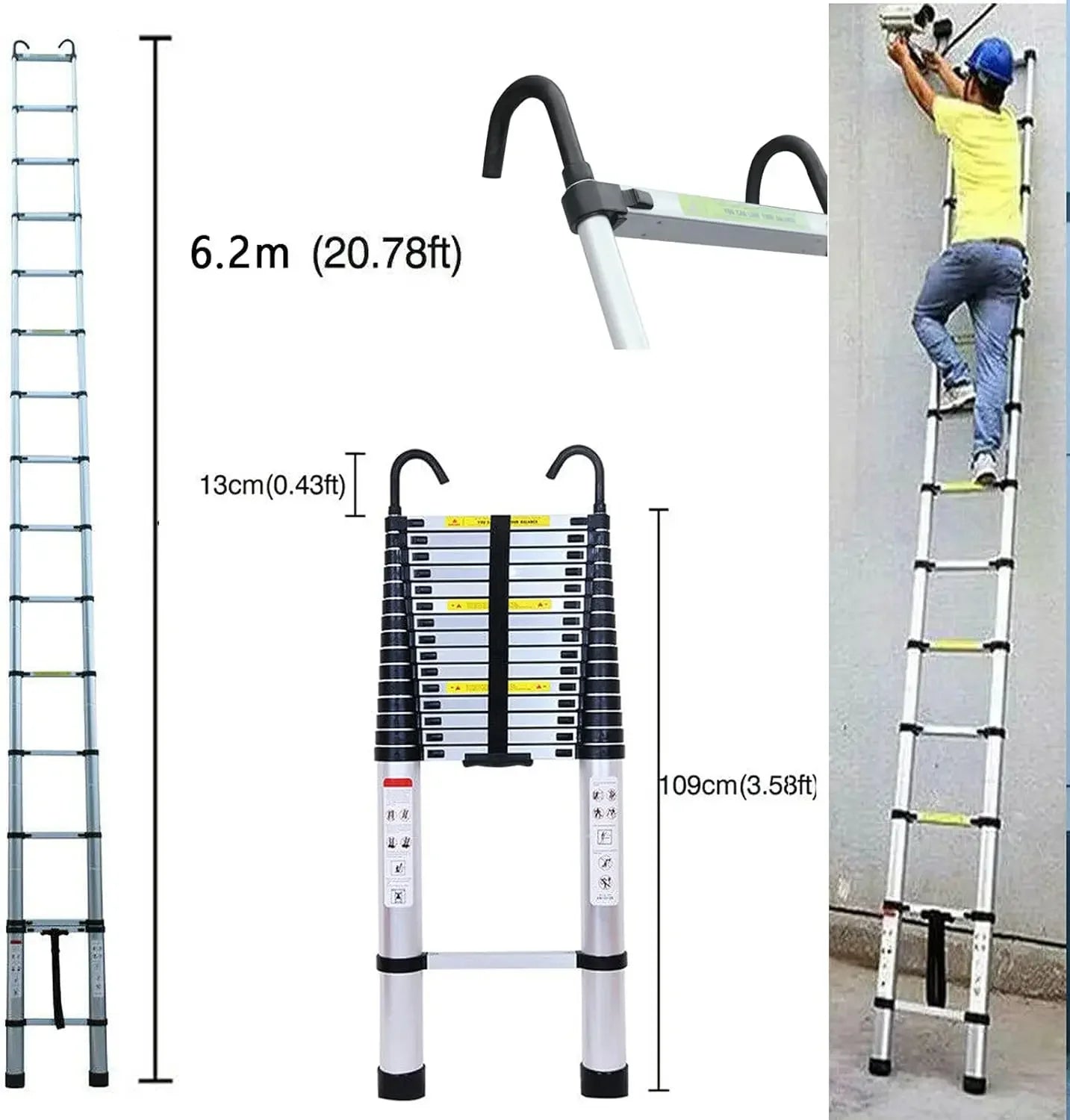 20ft Telescoping Aluminum Ladder With Hooks Collapsible Plus