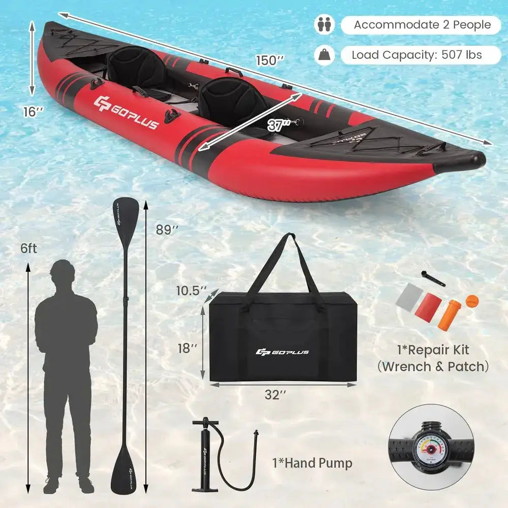 Tandem Inflatable Kayak, 12.5FT 2Person Kayak For Adults W 507 LBS Weight Capacity, 2 Aluminium Oars, Padded Seat, 2 Fins,Custom by Beastly Survival Outlet