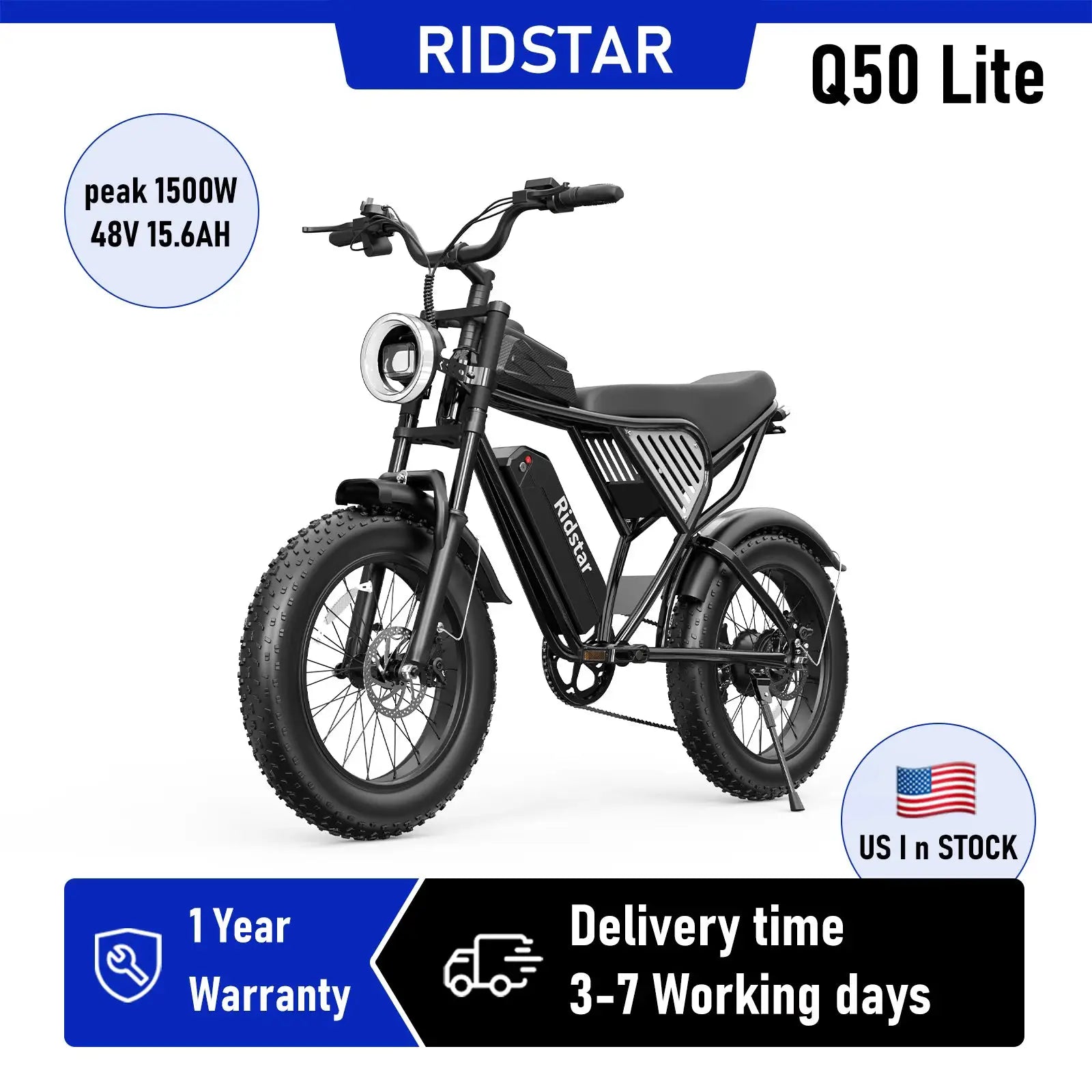 Ridstar Q50LITE 1500W Electric Bike for Adults Max 31MPH Battery 48V 15.6AH E-Bike Electric Bicycle 20x4" Fat Tire Mountain Bike by Beastly Survival Outlet