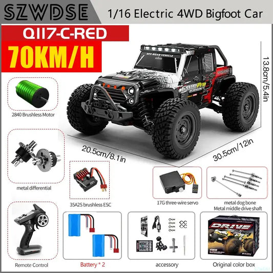 Wltoys Q117 1/16 RC Car 4WD Remote Control Car LED Headlights Brushless 70KM/H 2.4G High Speed Off-Road Drift Toys for Children by Beastly Survival Outlet
