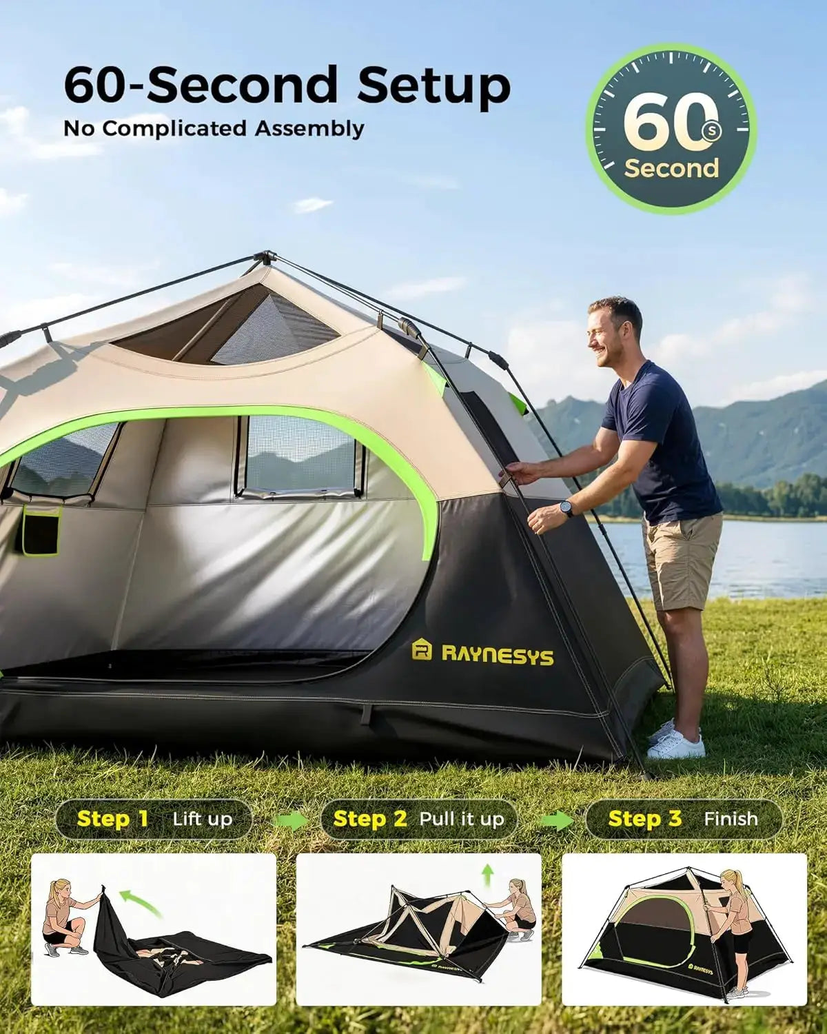 Instant Camping Tent for 6 Person, 60-Second Setup, Waterproof Pop Up with Rainfly & Carry Bag by Beastly Survival Outlet