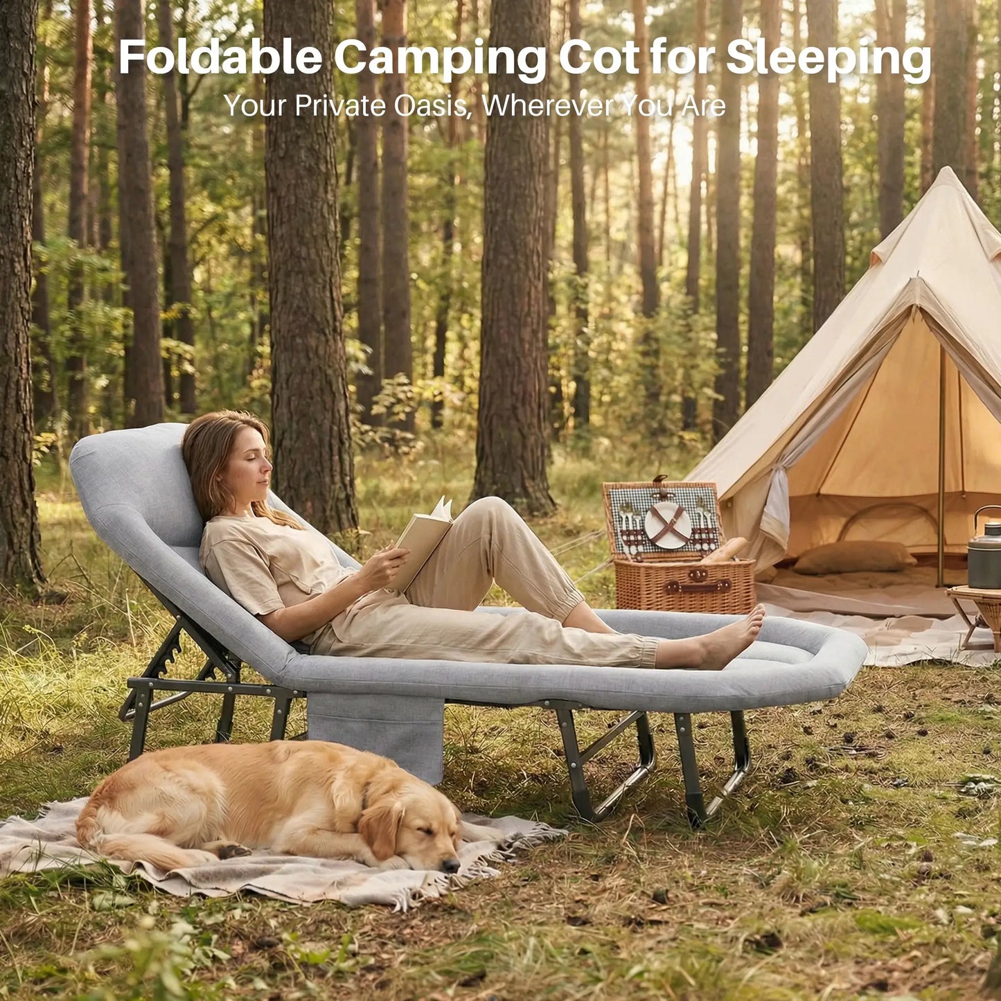 JHK Adjustable Folding Camping Bed with Mattress Lightweight Camping Cot with Carry Bag 6 Angle Foldable Camping Bed for Camp Outdoor Supports 450 lbs by Beastly Survival Outlet