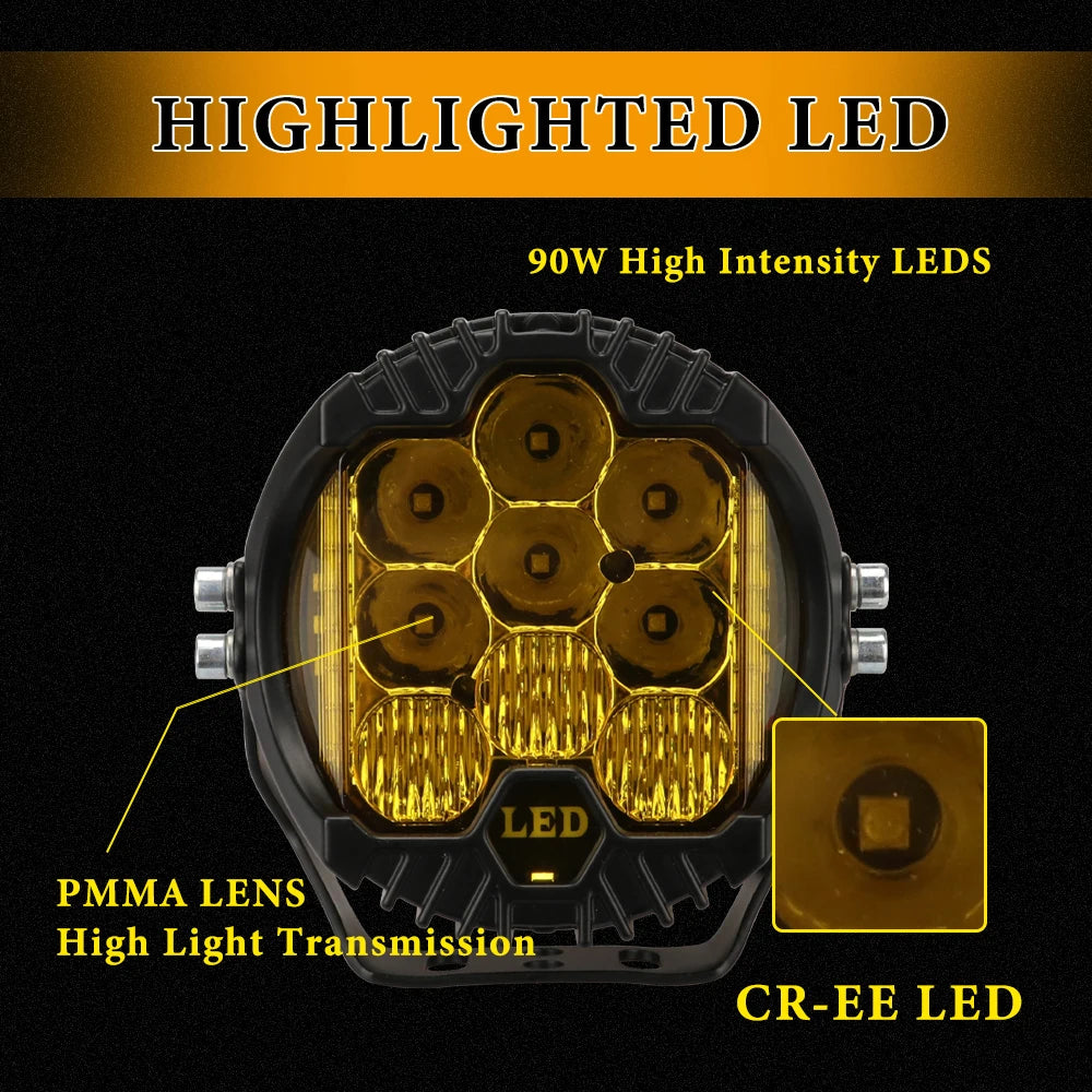 5 Inch 90W Car LED Spotlight Auxiliary Driving Lamp Yellow Pair