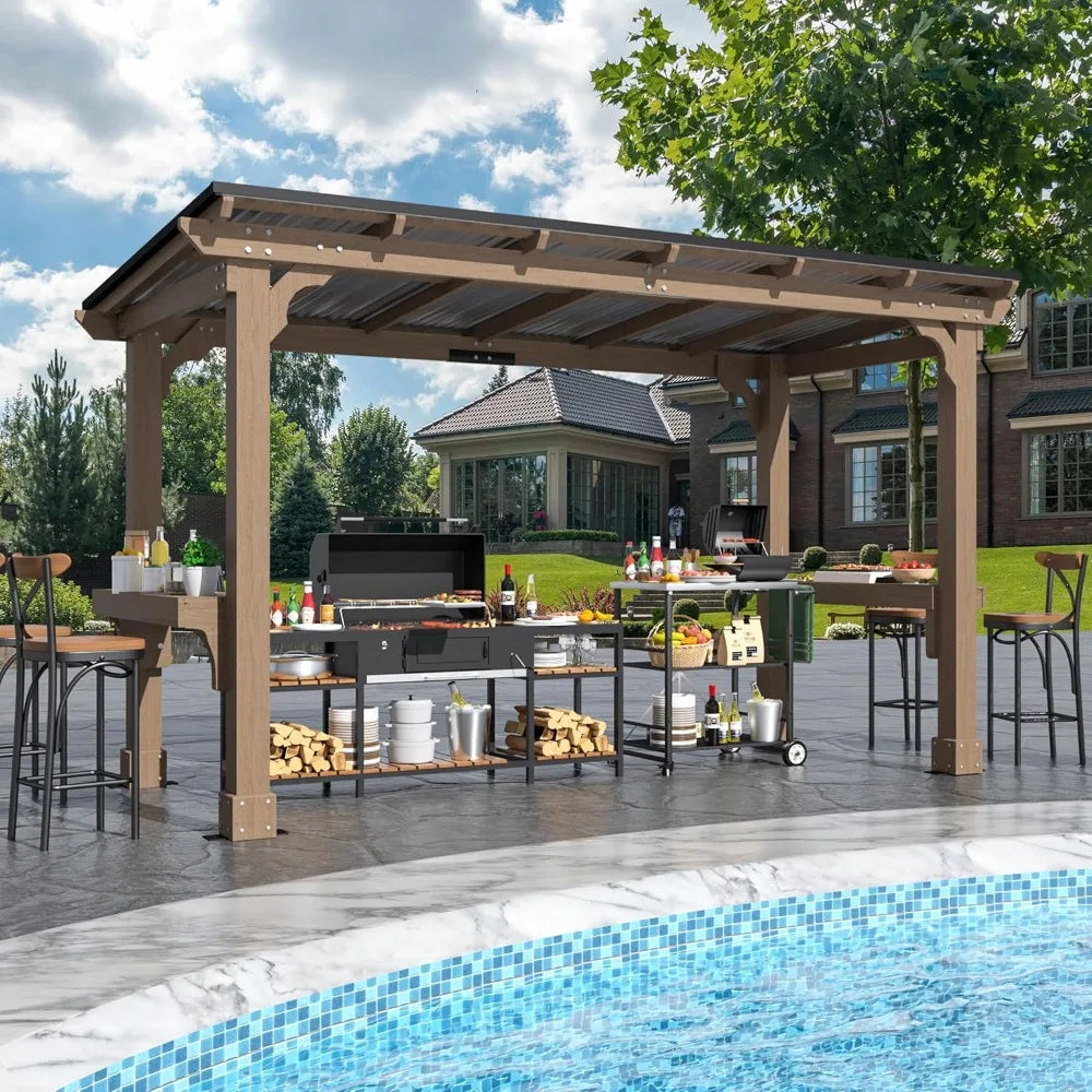 Wooden Grill Gazebo With Sloping Roof Outdoor Patio Mocha