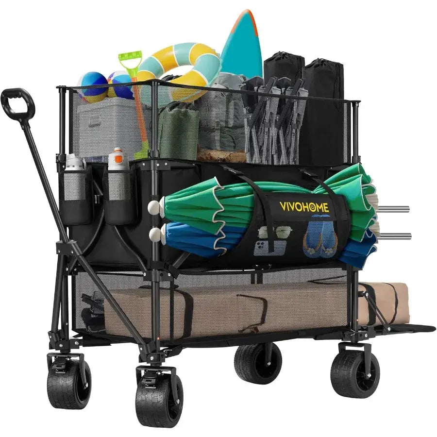500L Large Capacity Double Decker Collapsible Wagon 500lbs Heavy Duty Utility Folding Cart with Big Wheels 53 Extended for Camp by Beastly Survival Outlet