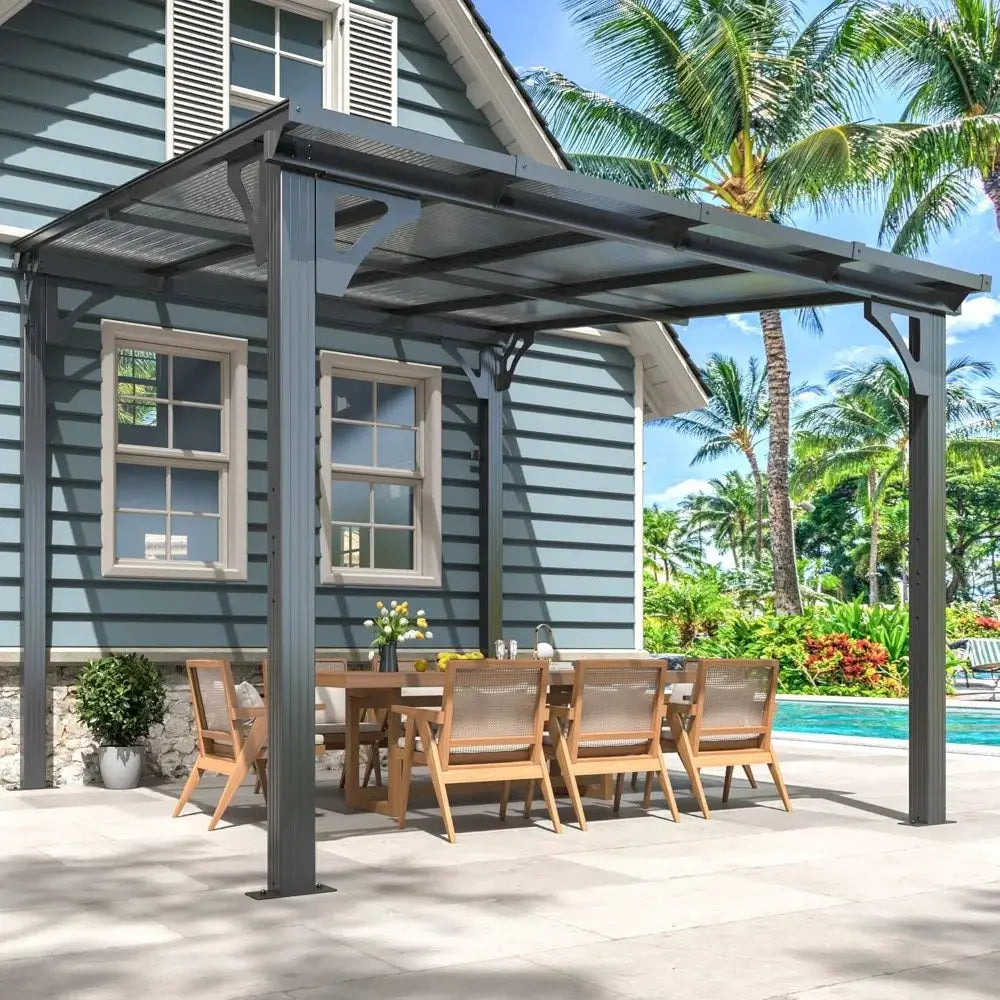 10'x8' Wall-Mounted Lean-To Gazebo, Aluminum Frame & Polycarbonate Hardtop with Sloped Roof, Outdoor Patio Pergola, Customized by Beastly Survival Outlet