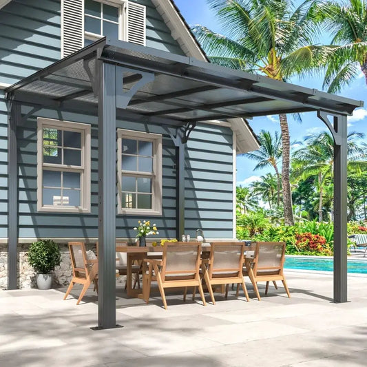 10'x8' Wall-Mounted Lean-To Gazebo, Aluminum Frame & Polycarbonate Hardtop with Sloped Roof, Outdoor Patio Pergola, Customized by Beastly Survival Outlet
