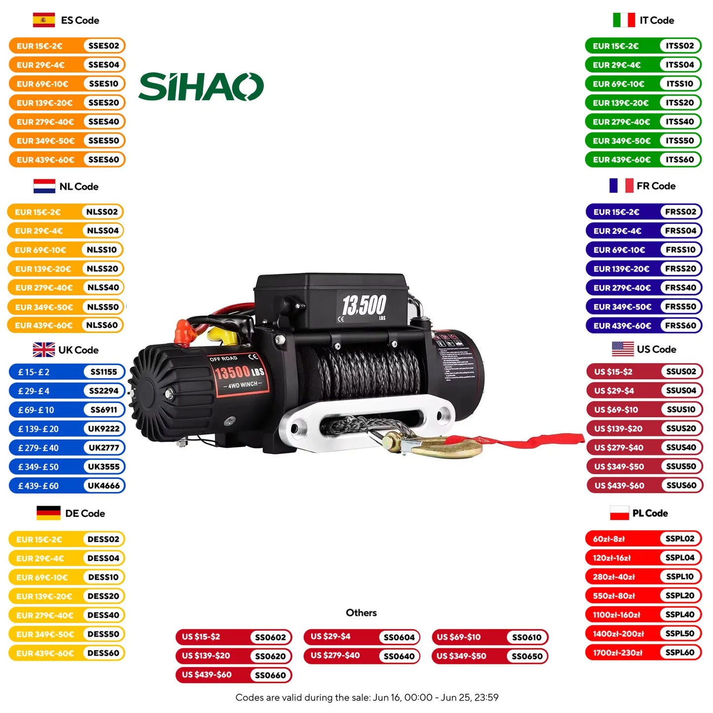 Sihao 13500 LBS Electric Truck Winch with Synthetic Rope Remote