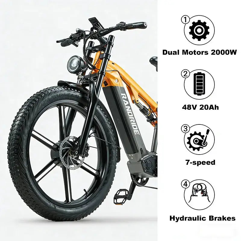 US STOCK RANDRIDE YX80 2000W Dual Motor All-Terrain E-Bike 48V 20Ah Long Range Full Suspension 7-Speed Off-Road Electric Bike by Beastly Survival Outlet