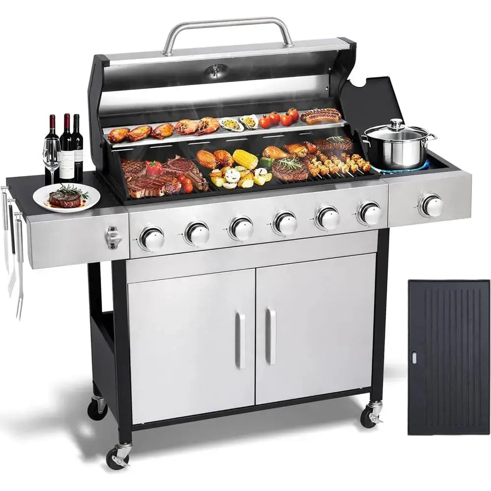 Large 6-Burner Propane Gas Grill with Side Burner, Cast Iron Grates, Plate, Lid, Warming Rack, 620 Sq. In. Cooking Area for Back by Beastly Survival Outlet