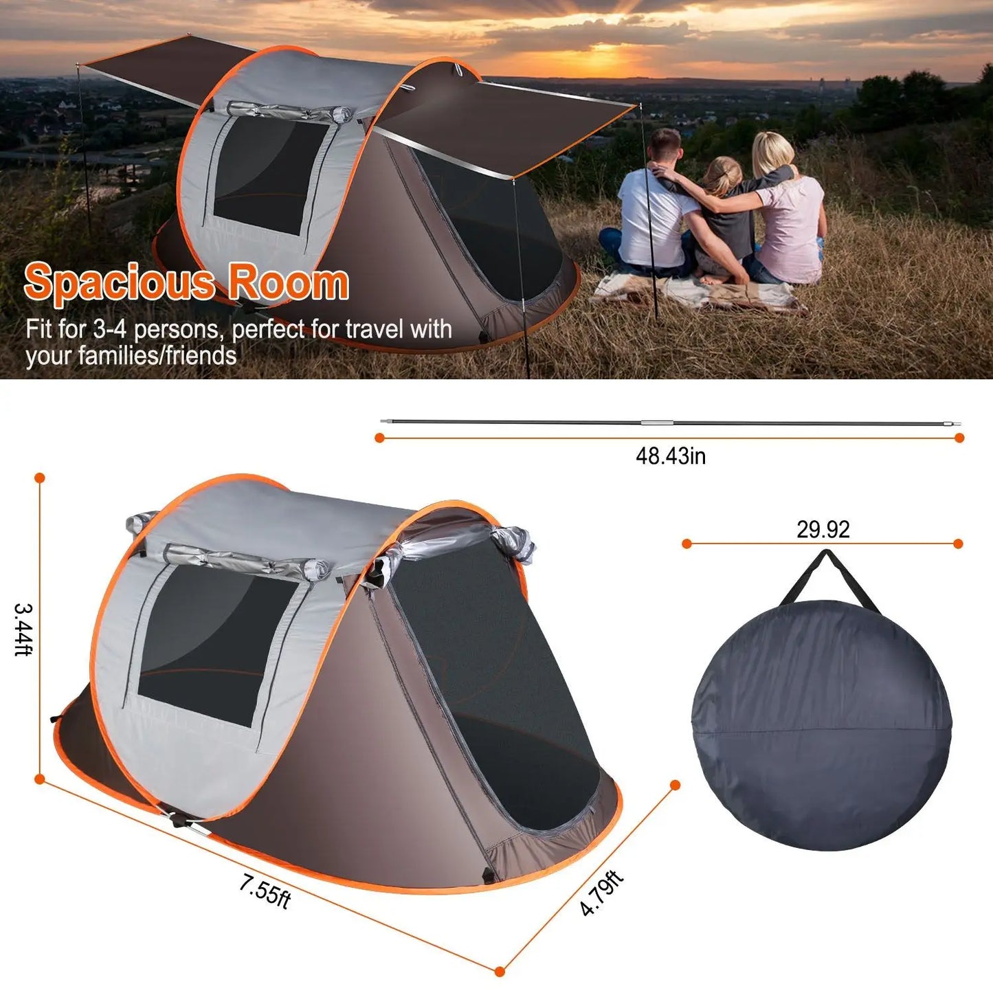 3-4 Person Automatic Pop Up Camping Tent with Mosquito Net Windows