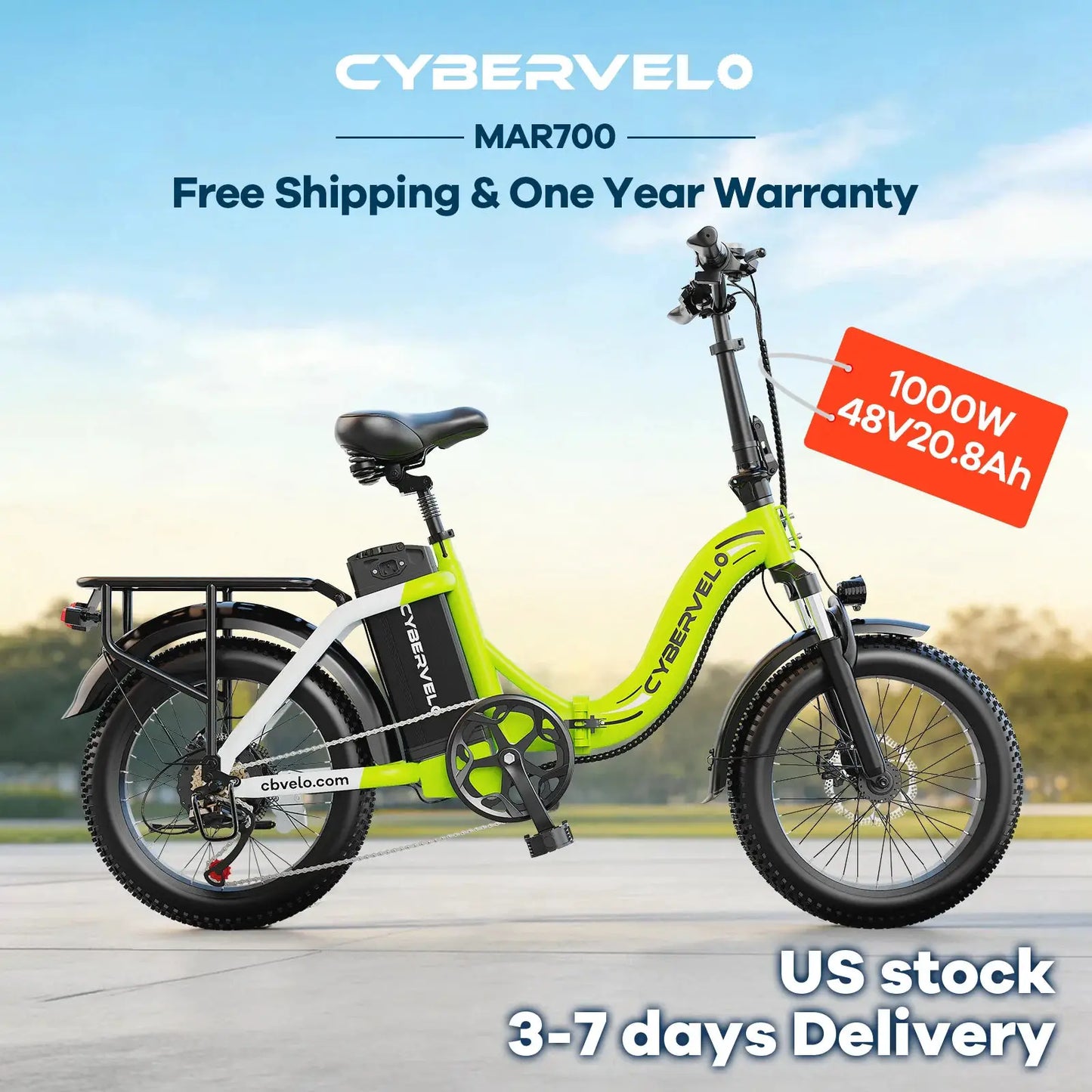 Cybervelo 1000W Electric Bike for Adults 48V 20.8Ah Large Removable Battery Foldable 20 Inch Fat Tire Urban Commuting Mars700 by Beastly Survival Outlet