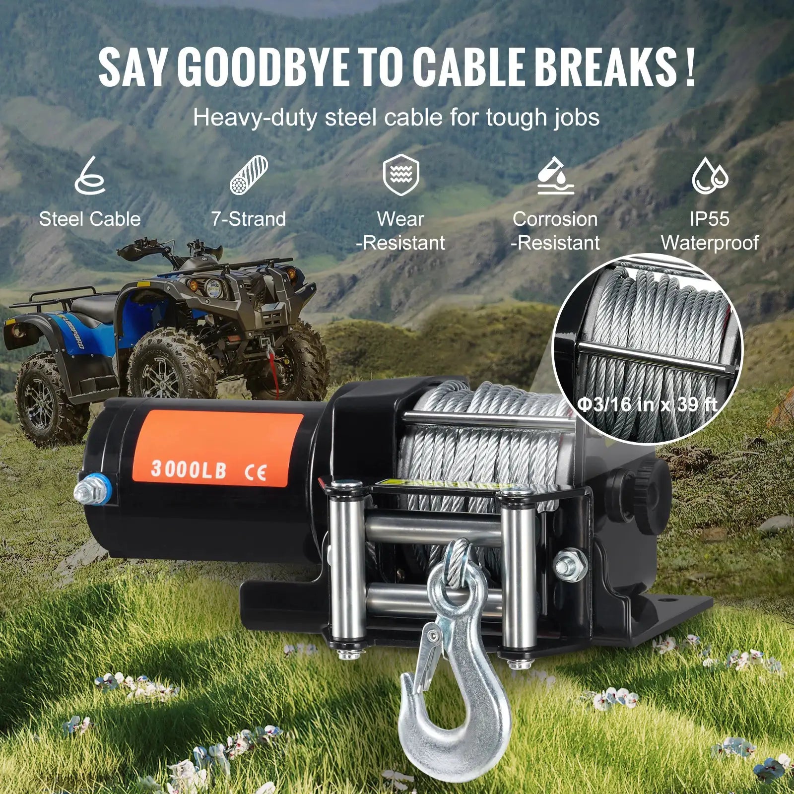 SucceBuy 3000lbs ATV/UTV Electric Winch 12V DC Steel Rope Winch with 39ft Cable Roller Wired Remote Control for Towing Off-Road by Beastly Survival Outlet