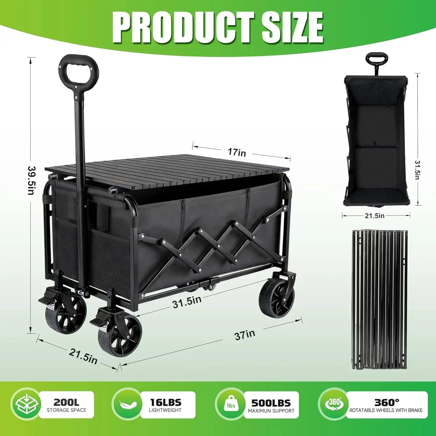 500LBS Collapsible Folding Wagon Carts with Table - 230L Large Foldable Collapsible Portable Wagon Cart with Breaks, Heavy Duty by Beastly Survival Outlet