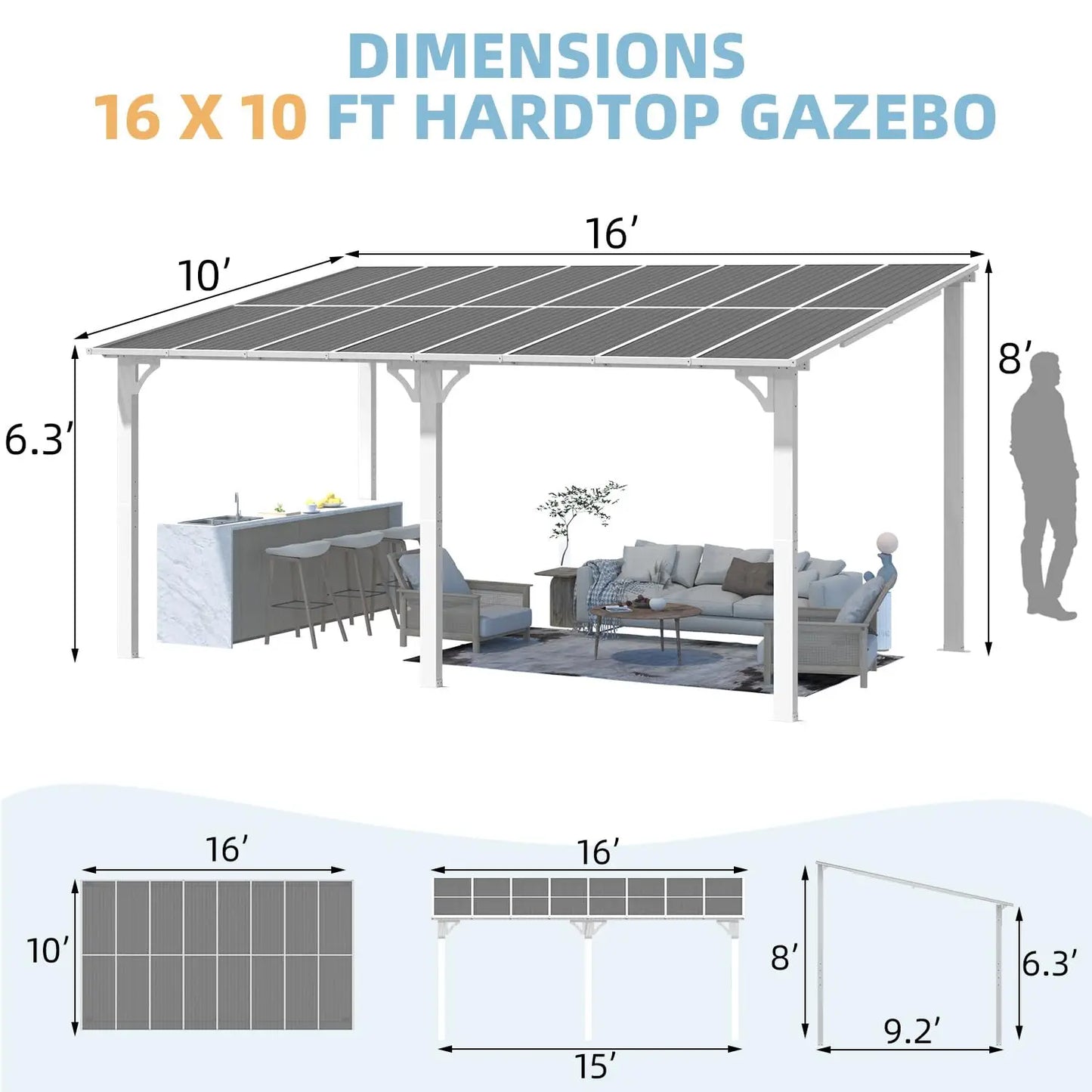 16x10 White Gazebo Pergola For Patio Lean To Shelter Outdoor
