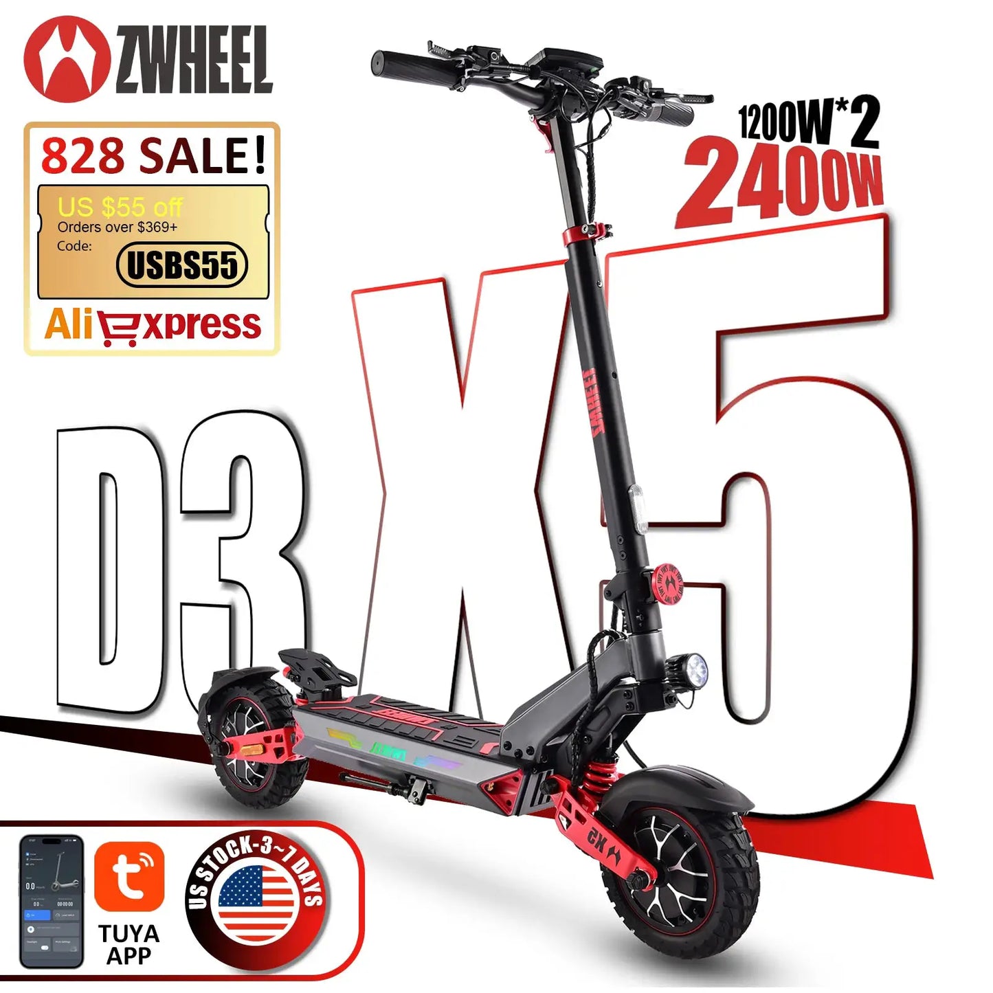 ZWHEEL D3 Dual Motors Electric Scooter 2400W All-wheel Drive Max Speed 39 MPH Max Range 50 Miles 960Wh Battery 1000 Cycles Bluetooth Locking and Unlocking Anti-theft Protection TUYA Smart APP 10''Off-Road Tires Low Noise Perf by Beastly Survival Outlet