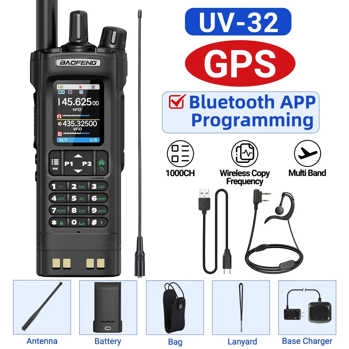 Baofeng UV 32 GPS Walkie Talkie 10W Long Range Bluetooth
