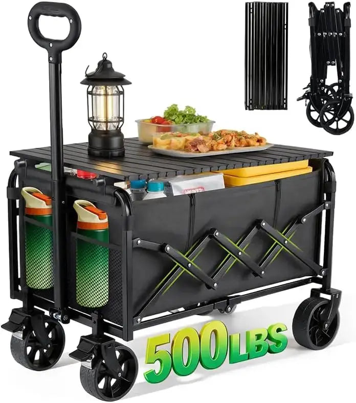 500LBS Collapsible Folding Wagon Carts with Table - 230L Large Foldable Collapsible Portable Wagon Cart with Breaks, Heavy Duty by Beastly Survival Outlet