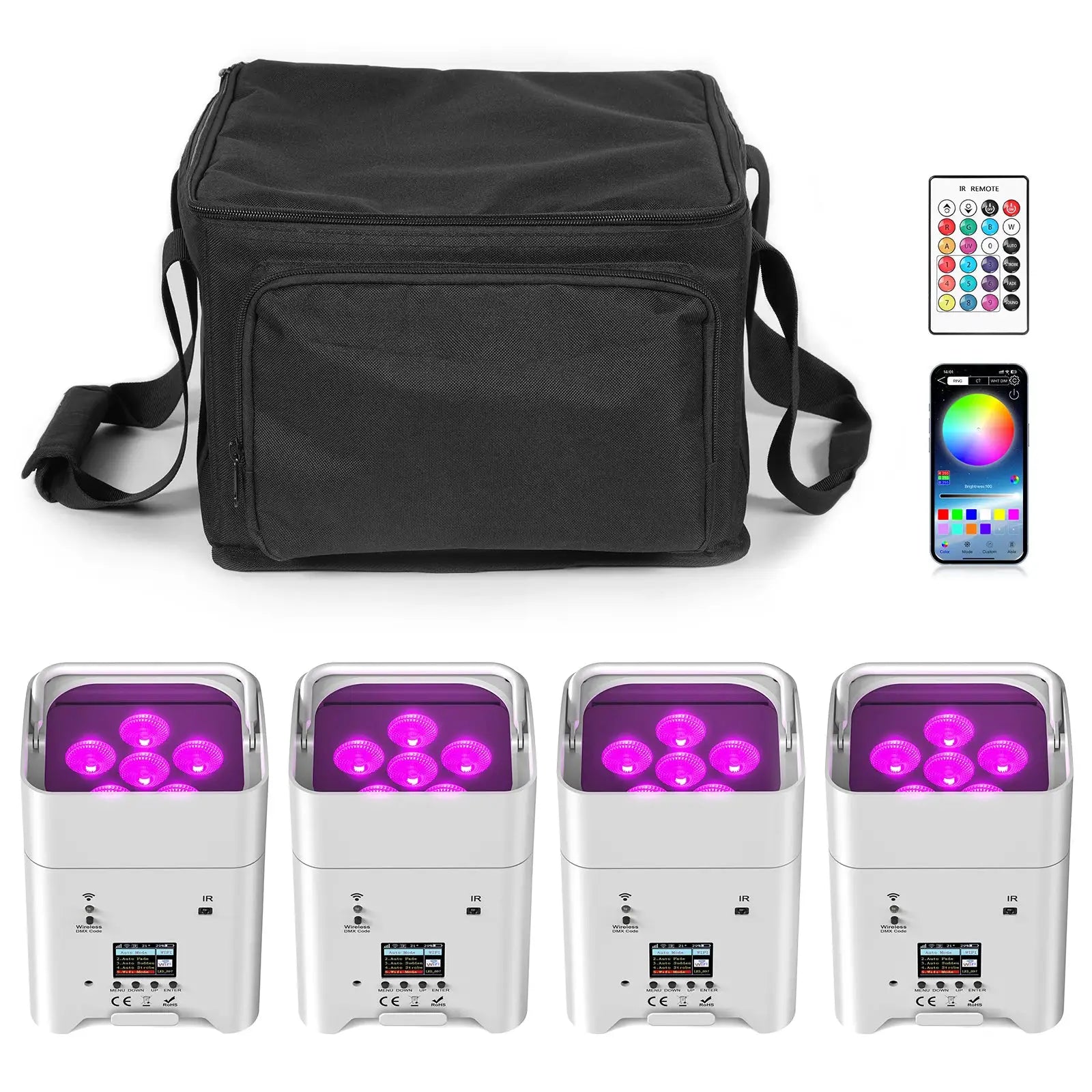 U'King 4PCS RGBWA+UV LED Par Light with Bag 6x18W DMX Stage Light Rechargeable Built-in Battery Wireless Par Light Dyeing Light by Beastly Survival Outlet