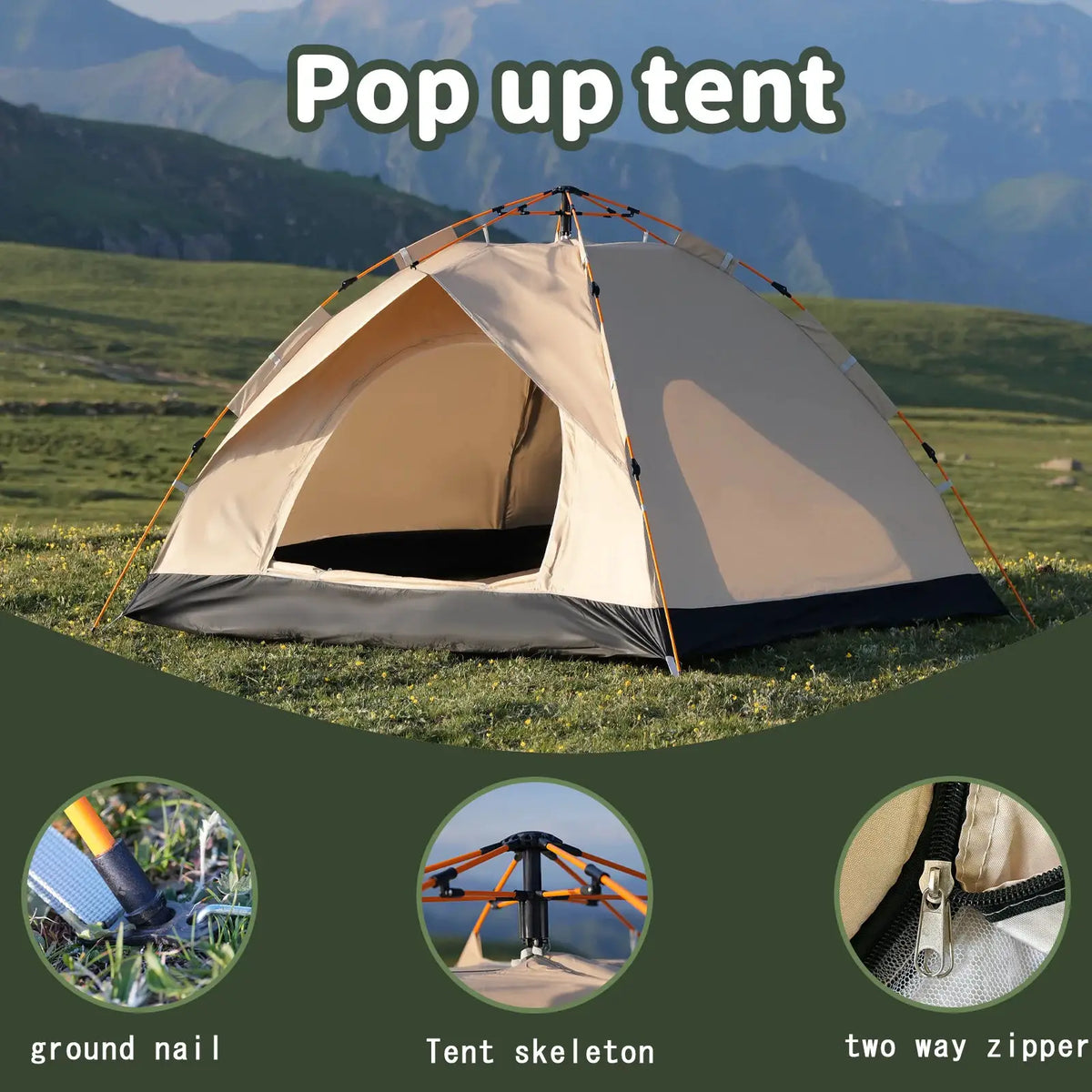 PAKICETUS Instant Pop Up Dome Tent 2-4 Person Easy Setup Polyester Fiber Portable Outdoor Tent Misty Gray Quicksand Gold For Camping Hiking Road Trips Backyard Picnic by Beastly Survival Outlet