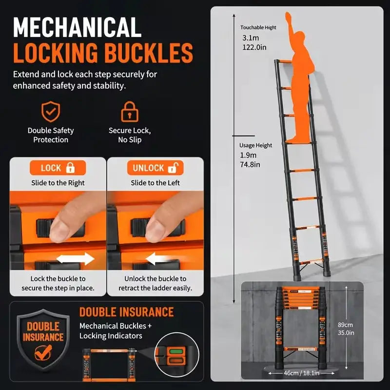 Telescoping Ladder Heavy Duty Compact Extension Ladder with Non Slip Feet Safety Locking Mechanism Portable Stable Retractable Design for Home Maintenance RV Use Outdoor Construction Warehouse Storage Painting Window Cleaning by Beastly Survival Outlet