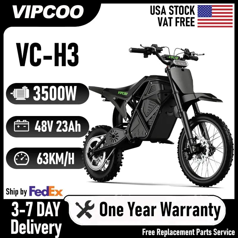 Electric Dirt Bike VIPCOO 3500W 48V23AH Electric Motorcycle Fat Tire Nitrogen Suspension E Dirt Bike for Teens and Adults by Beastly Survival Outlet