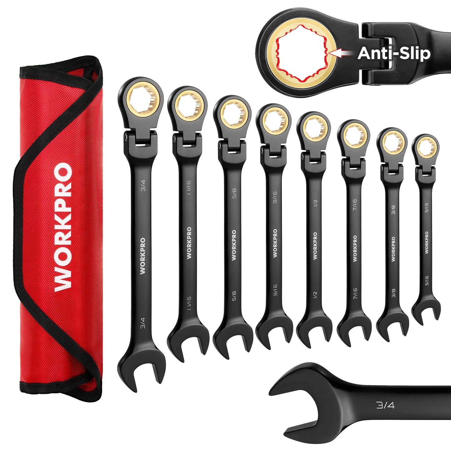 WORKPRO 8pc Flex Head Ratcheting Wrench Set SAE Inch Sizing
