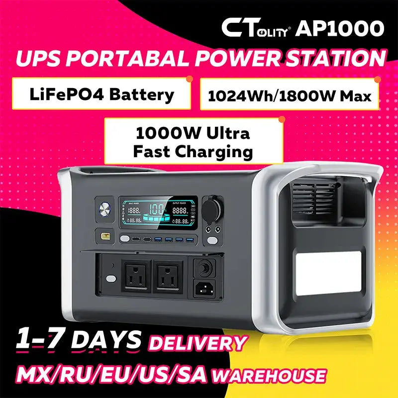 CTOLITY AP1000 1600W Solar Generator 1024Wh Portable Power Station LiFePO4 Battery 1 Hr Fast Charge Outdoor Camping RV Home Back by Beastly Survival Outlet