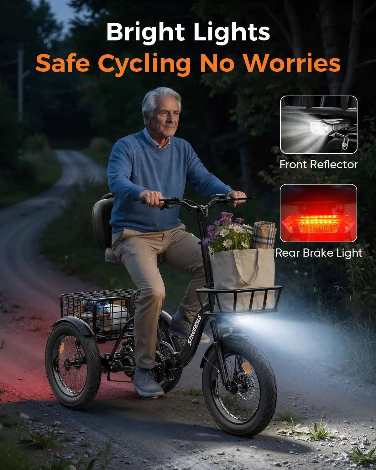 Spacewalk 1200W Peak Electric Trike for Adults, 48V 15Ah Battery 3 Wheel Electric Bike with 18"x3.0 Fat Tires, 60 Miles Range, Folding Cargo E-Bike with Wide Comfort Seat & Basket for Seniors-Black by Beastly Survival Outlet