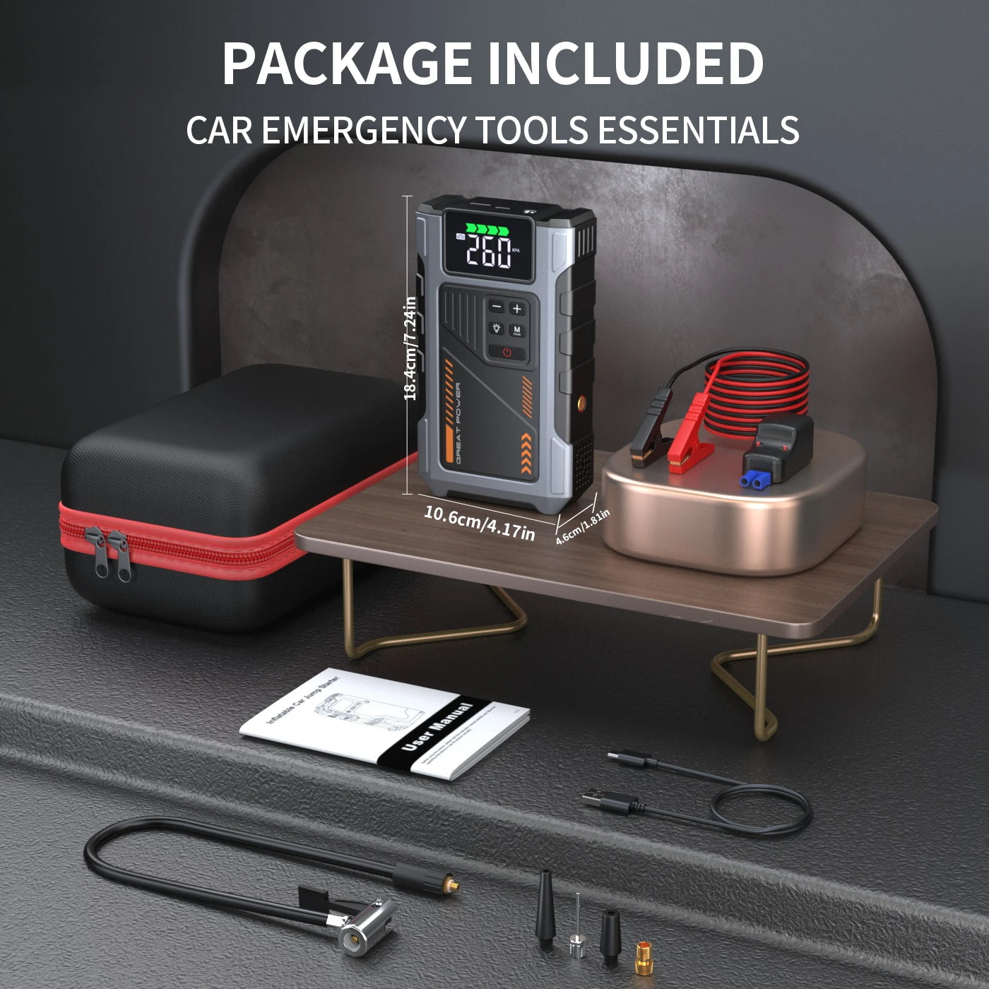 Geeneu Portable Car Jump Starter With Air Compressor 3000A Peak Power 12V Battery Pack Tire Inflator 150 PSI USB LED