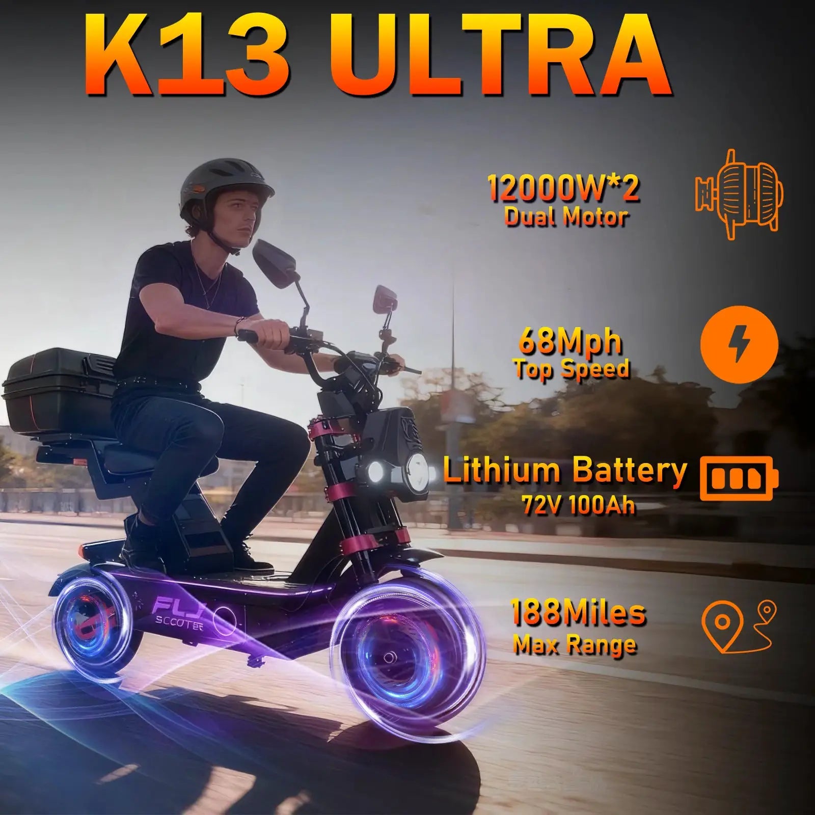Latest Hot Sale 72V 12000W Electric Scooter K13 Ultra with APP and NFC Fast Speed 100km/h 13 Inch Fat Wheel US Stock Scooter by Beastly Survival Outlet