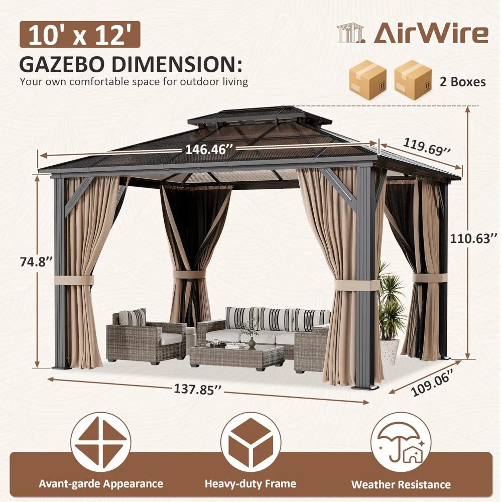 10x12 Hardtop Gazebo With Polycarbonate Roofing And Curtains