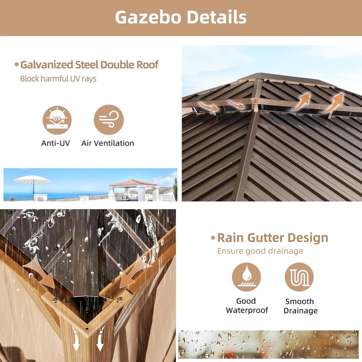 10x12 Hardtop Gazebo With WoodLook Aluminum Frame Steel Roof