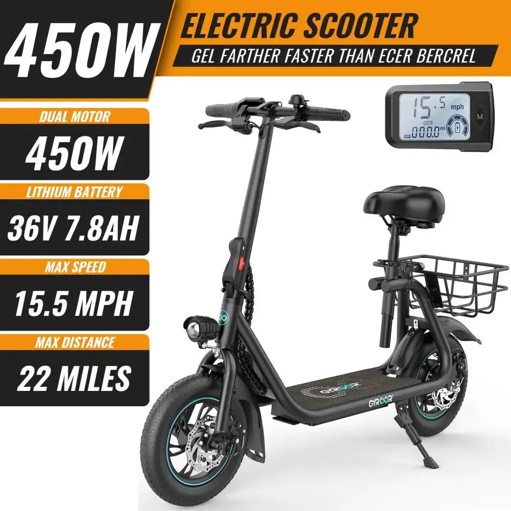 GYROSHOES Adult Electric Scooter – Powerful 450W Motor, 15-Mile Long Range, 12-Inch Stable Tires, Oversized Adjustable Seat + Rear Basket, Included Phone Holder and Password Lock, UL2272 Certified by Beastly Survival Outlet GYROSHOES Adult Electric Scooter – Powerful 450W Motor, 15-Mile Long Range, 12-Inch Stable Tires, Oversized Adjustable Seat + Rear Basket, Included Phone Holder and Password Lock, UL2272 Certified Beastly Survival Outlet