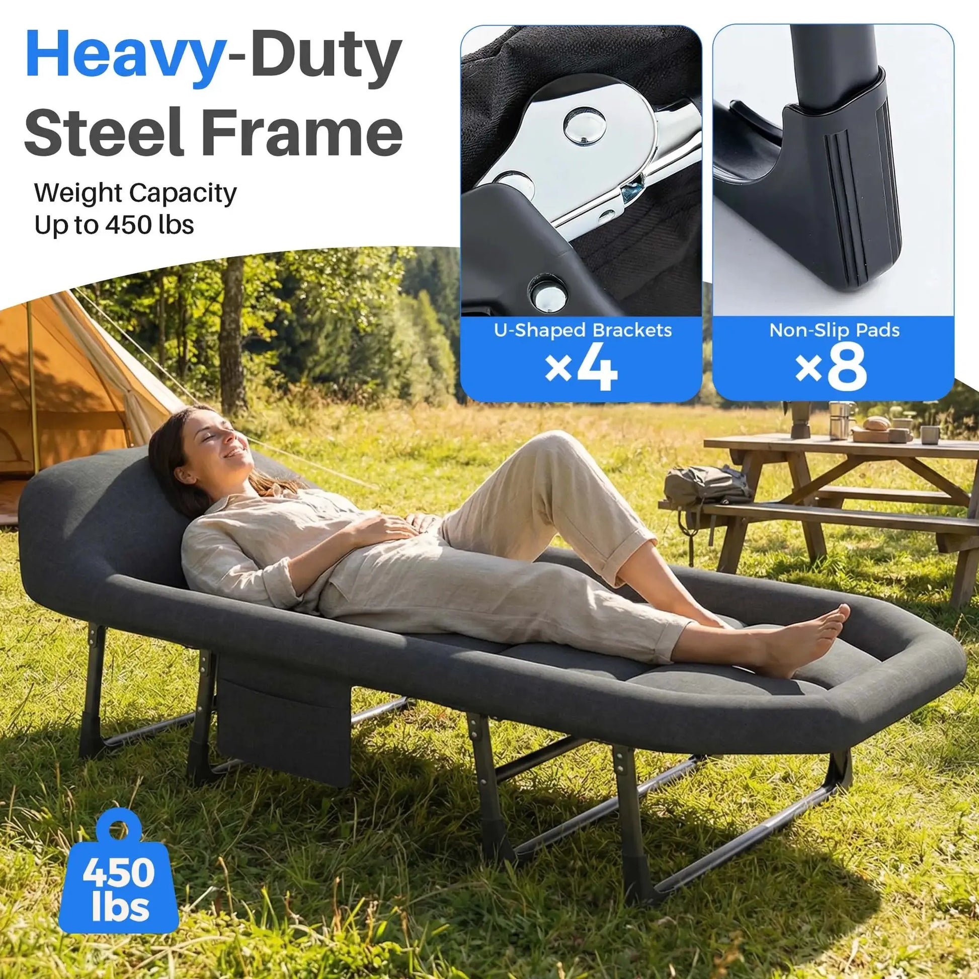 JHK Folding Camping Makeshift Bed with Mattress Lightweight Adjustable Camping Bed Supports 450 lbs Camping Cot with Carry Bag 6 Angle Camping Bed for Camp Outdoor by Beastly Survival Outlet