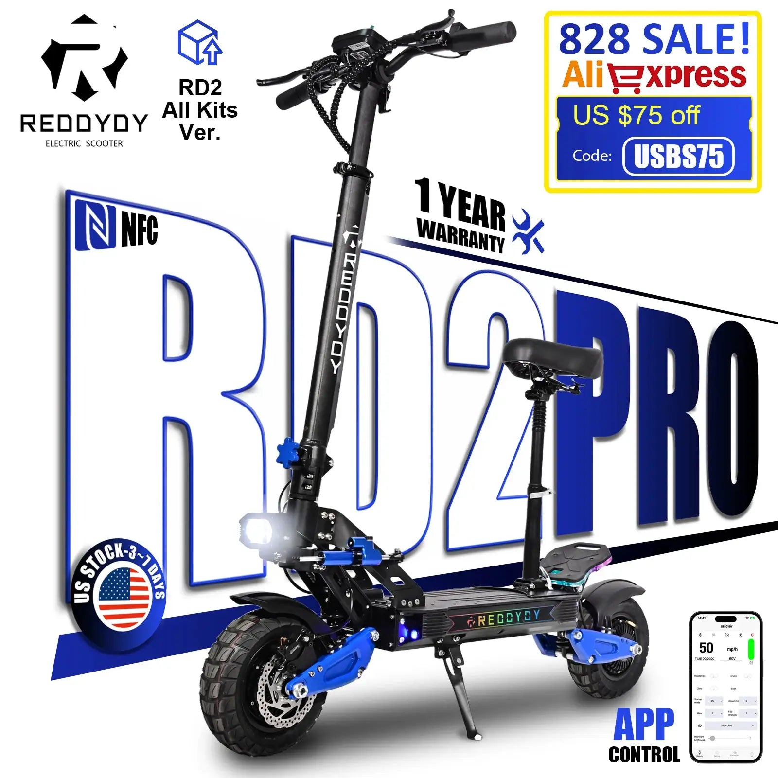 REDDYDY RD2 PRO Adults Electric Scooter 5000W Peak 50MPH Max Speed 60V25Ah Battery 55Miles Max Range 3 Riding Modes with APP Control NFC Unlocking 10.5" Off-Road Tires Dual Hydraulic Disc Brakes Dual Suspension E-Scooter RD2 by Beastly Survival Outlet