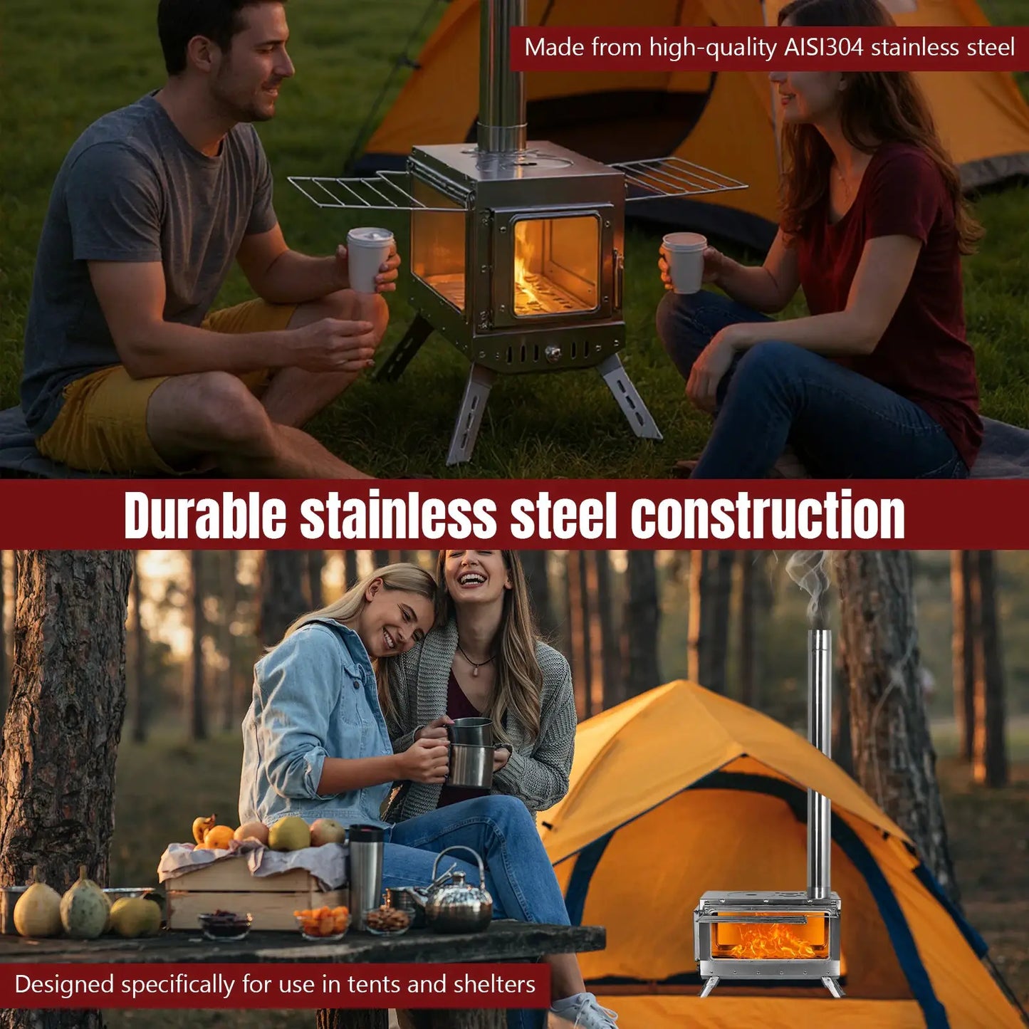 Large Tent Heating Stove with Chimney Pipe Stainless Steel Firebox Rust Proof Portable Wood Burning Stove for Outdoor Camping by Beastly Survival Outlet