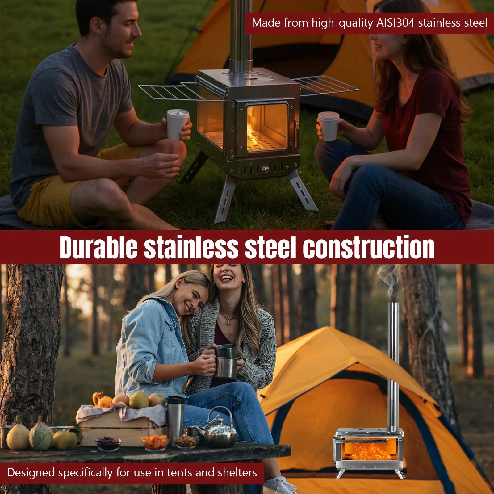 Large Tent Heating Stove with Chimney Pipe Stainless Steel Firebox Rust Proof Portable Wood Burning Stove for Outdoor Camping by Beastly Survival Outlet