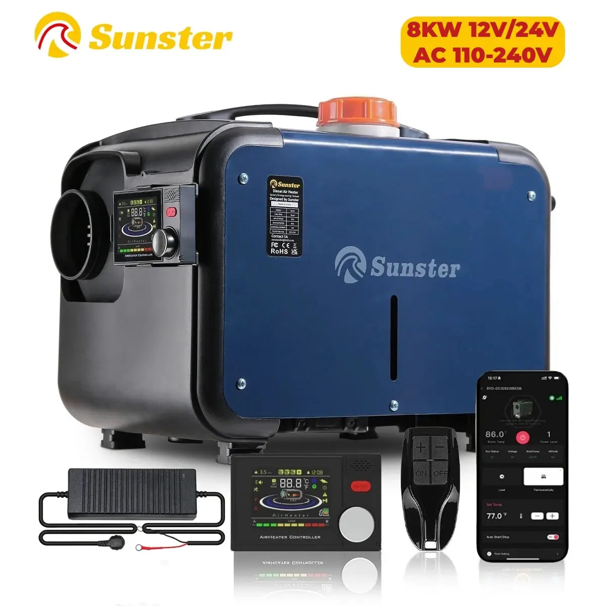 Sunster 8KW Diesel Portable Air Heater Bluetooth App Control by Beastly Survival Outlet