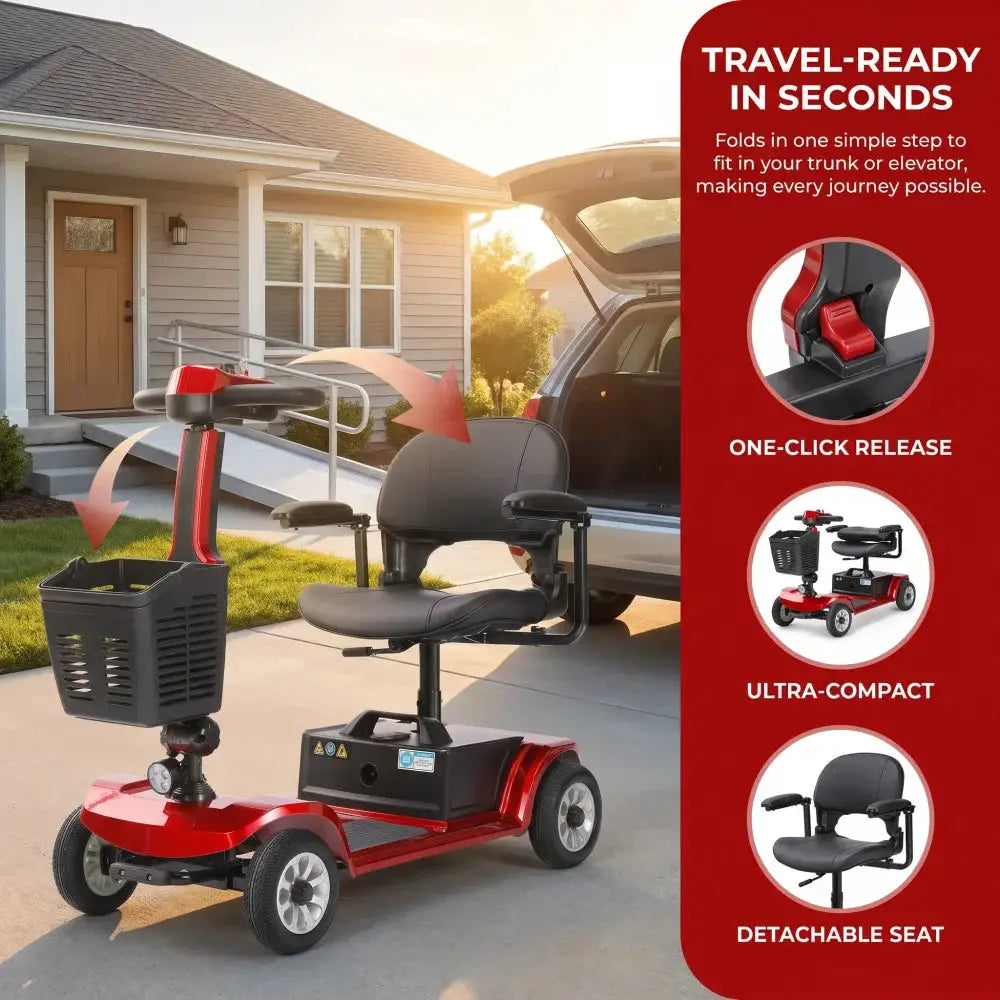 Unificare Red Portable Folding Mobility Scooter Ideal for Adults and Seniors Practical Swivel Seat Stable Anti Tip Design Wear by Beastly Survival Outlet Unificare Red Portable Folding Mobility Scooter Ideal for Adults and Seniors Practical Swivel Seat Stable Anti Tip Design Wear Beastly Survival Outlet