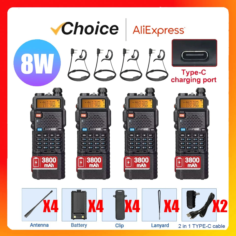 Baofeng UV 5R 8W Dual Bands Walkie Talkies Quad Pack 3800mAh