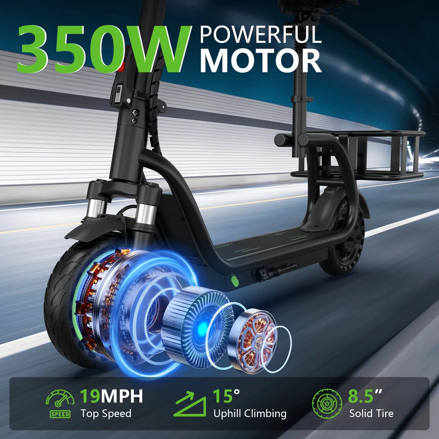 Maxshot 8.5'' Electric Scooter with Seat & basket,350W Motor, Top Speed 19mph, Max 17/25 Miles Ranges, Foldable E-Scooter with Suspension &Adult, Digital Display, Cruise Control by Beastly Survival Outlet