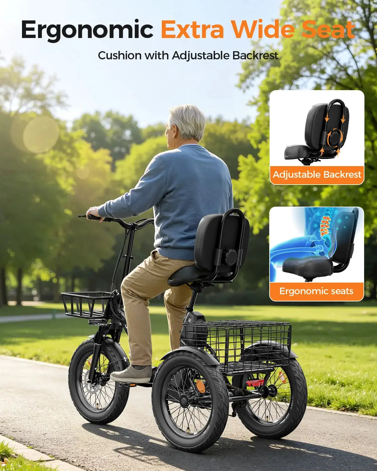 Spacewalk 1200W Peak Electric Trike for Adults, 48V 15Ah Battery 3 Wheel Electric Bike with 18"x3.0 Fat Tires, 60 Miles Range, Folding Cargo E-Bike with Wide Comfort Seat & Basket for Seniors-Black by Beastly Survival Outlet
