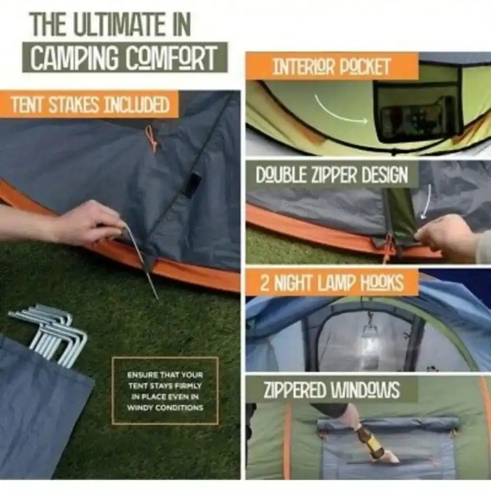 Easy Pop Up Camping Tent 4 Person Two Doors Waterproof UPF50 by Beastly Survival Outlet