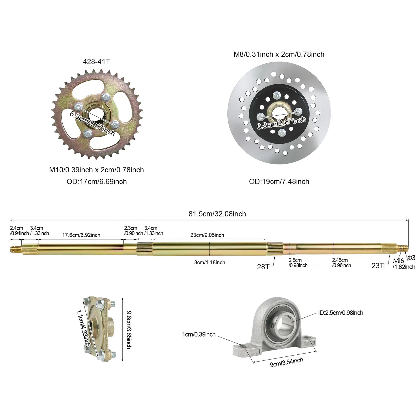 32 Inch Go Kart Rear Axle Assembly Kit Complete Wheel Hub