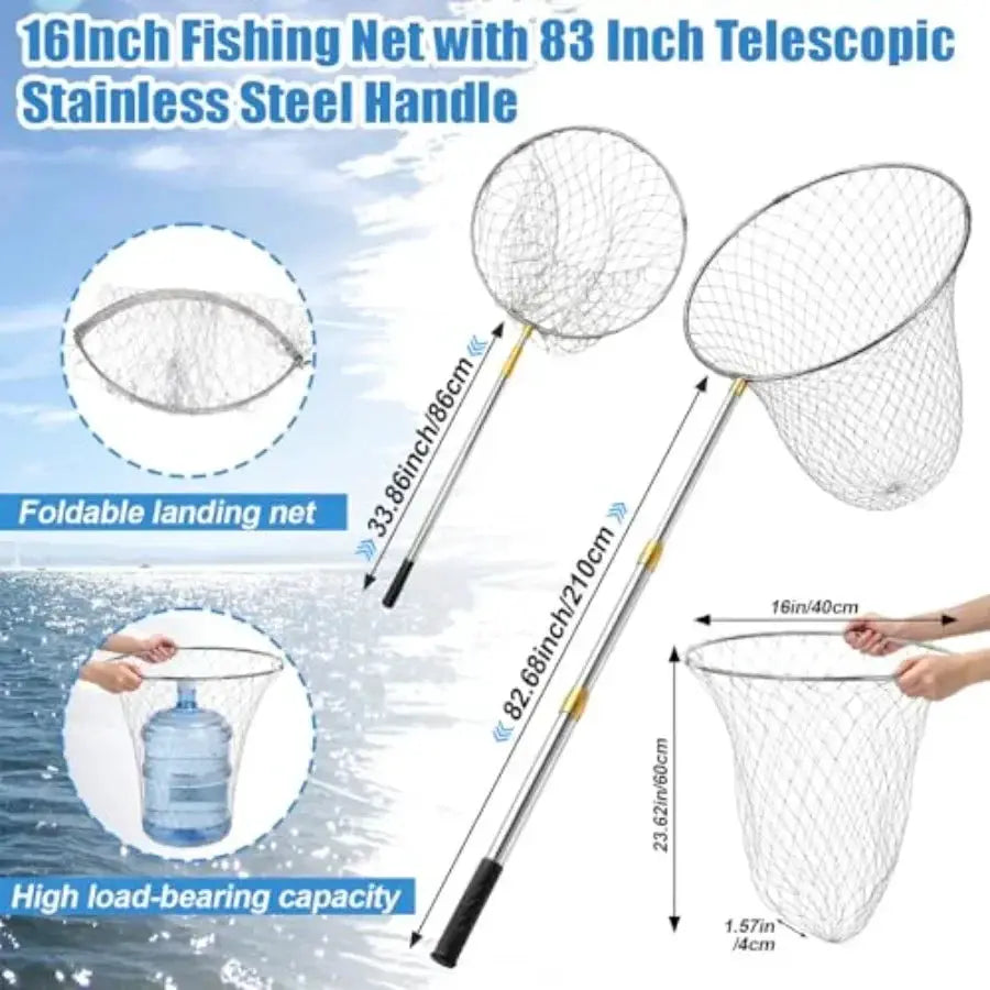 Boat and pier fishing application: stainless steel handle heavy duty fishing net, black, foldable lightweight design with 83-in by Beastly Survival Outlet